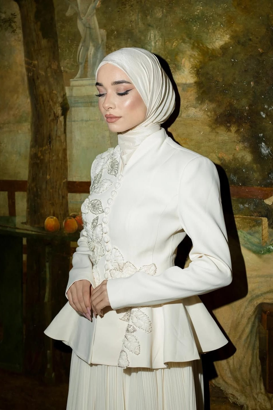 Embellished Peplum Jacket & Pleated Skirt Two-Piece Set-White