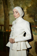 Embellished Peplum Jacket & Pleated Skirt Two-Piece Set-White