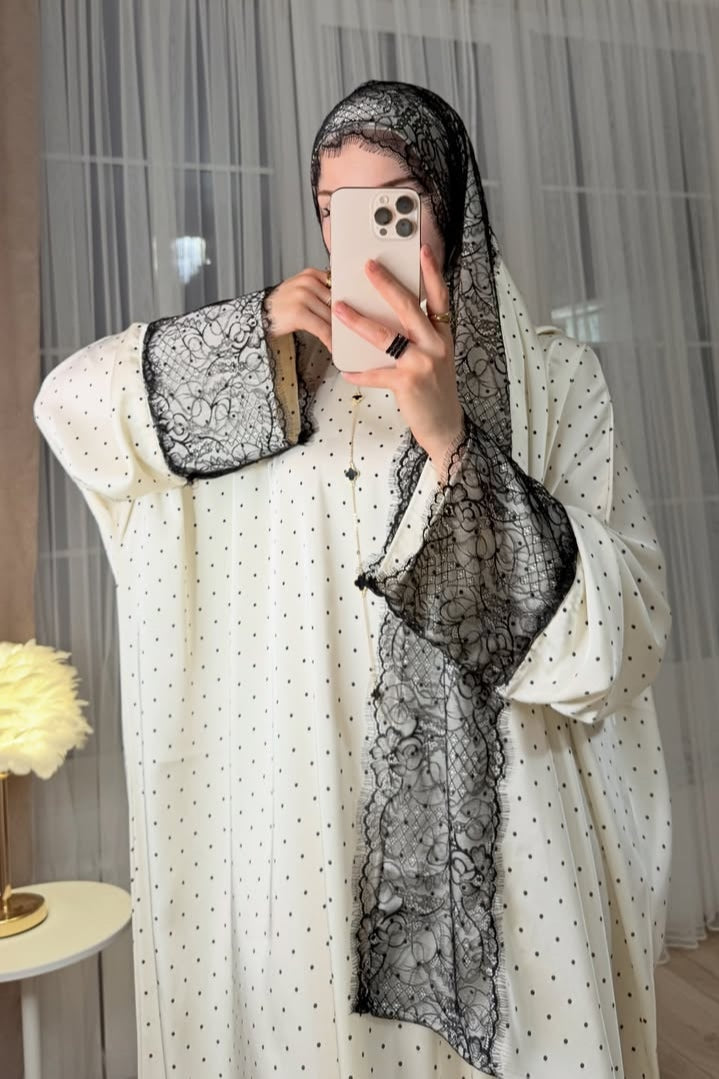 Chloe Polka Dot Lace Trim Abaya