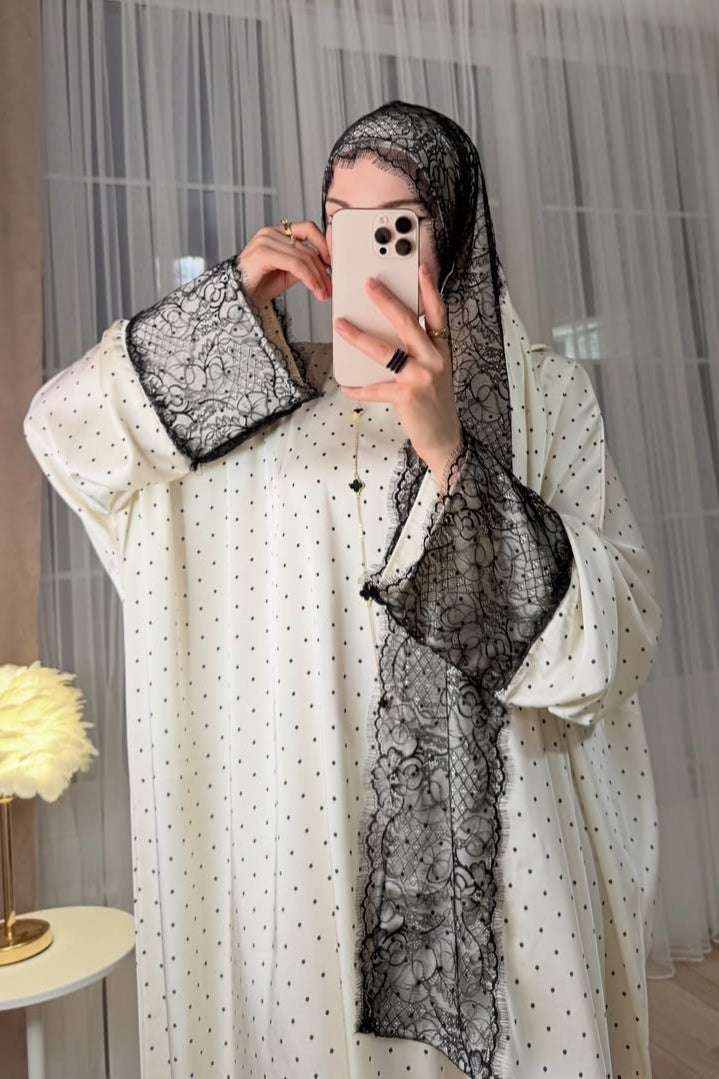 Chloe Polka Dot Lace Trim Abaya