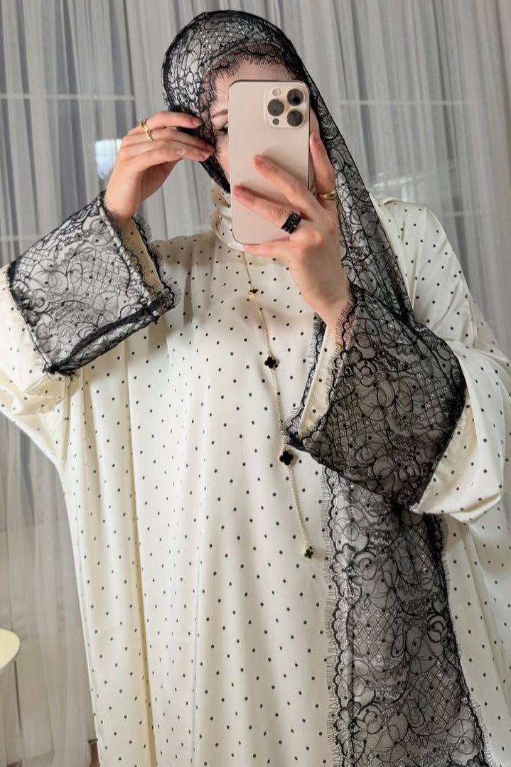 Chloe Polka Dot Lace Trim Abaya