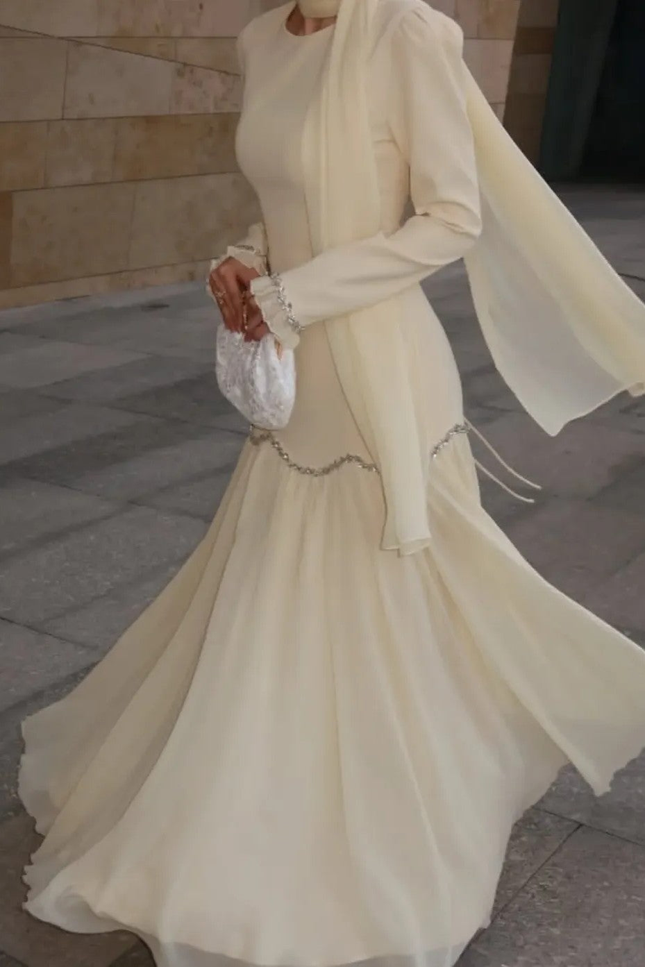 Elegant Peplum Maxi Dress with Crystal Scalloped Trim-Yellow