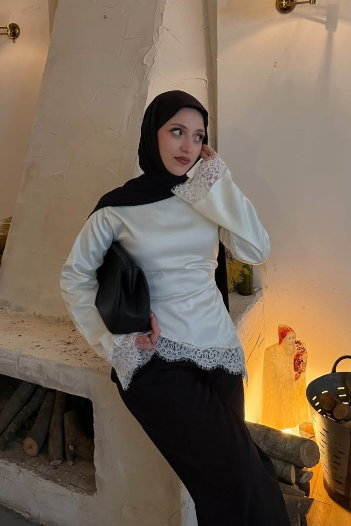 Lace-Trimmed Satin Modest Blouse-White