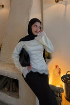 Lace-Trimmed Satin Modest Blouse-White