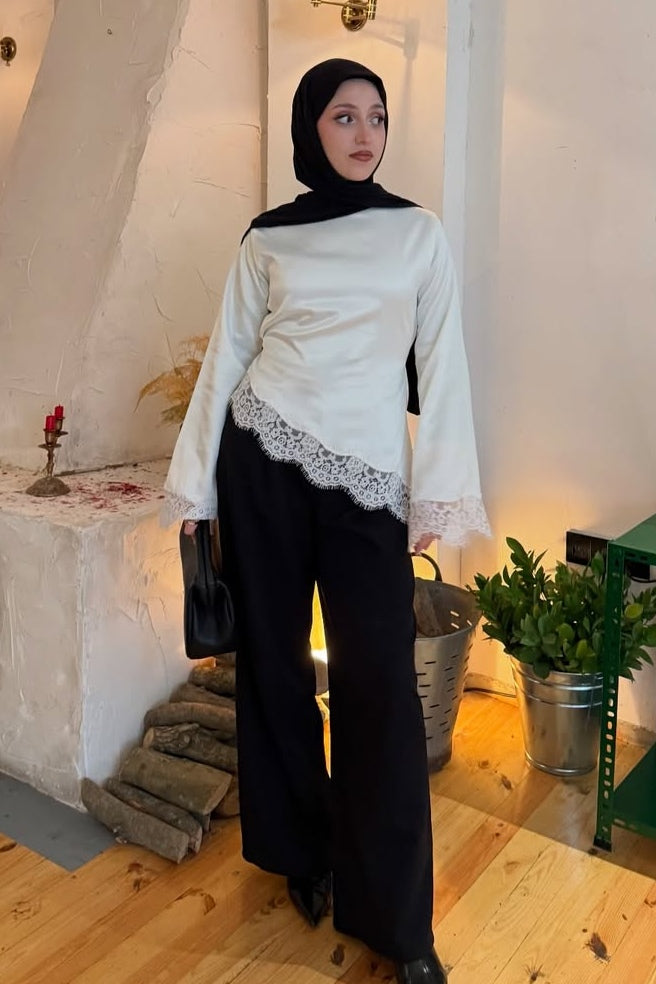 Lace-Trimmed Satin Modest Blouse-White
