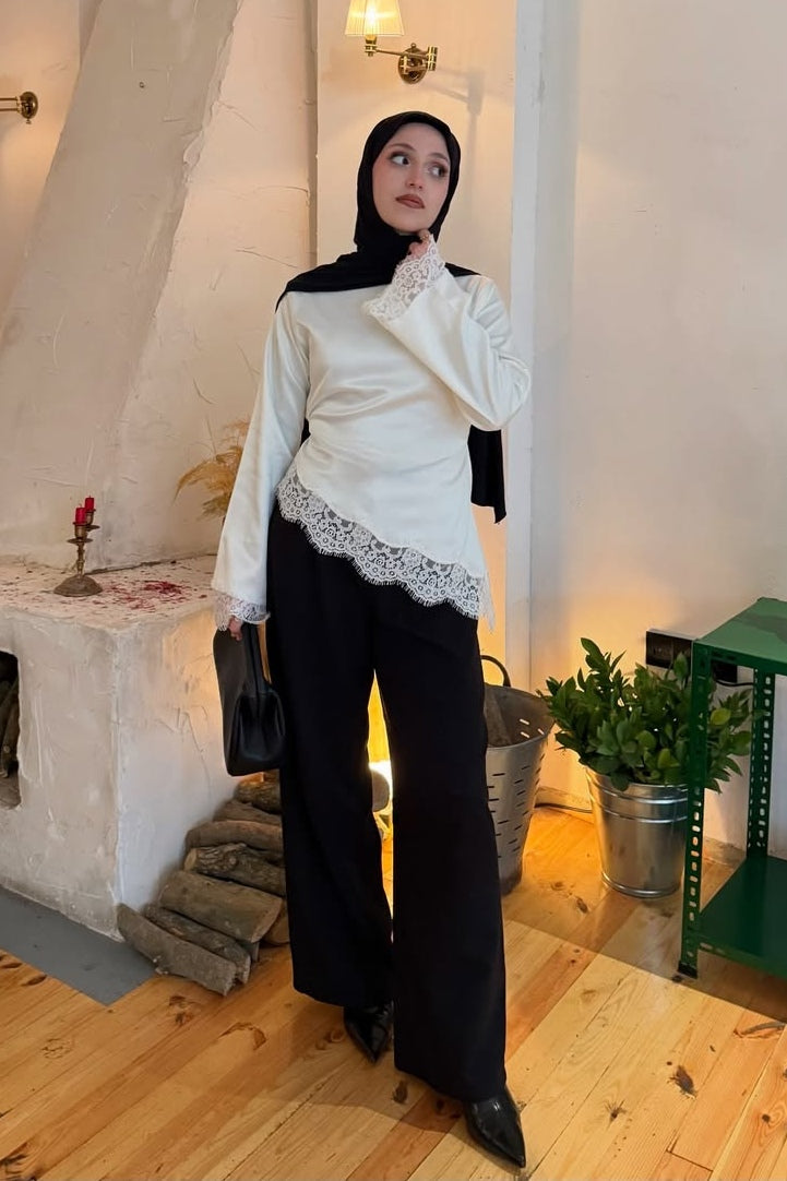 Lace-Trimmed Satin Modest Blouse-White