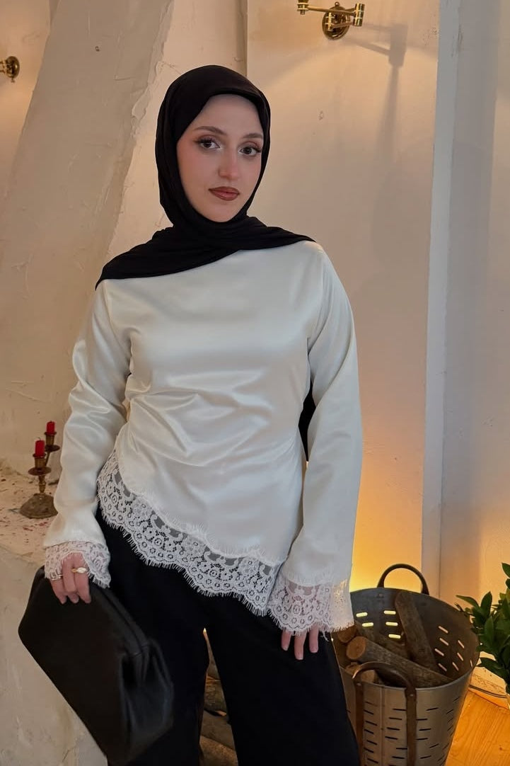 Lace-Trimmed Satin Modest Blouse-White