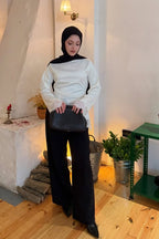 Lace-Trimmed Satin Modest Blouse-White