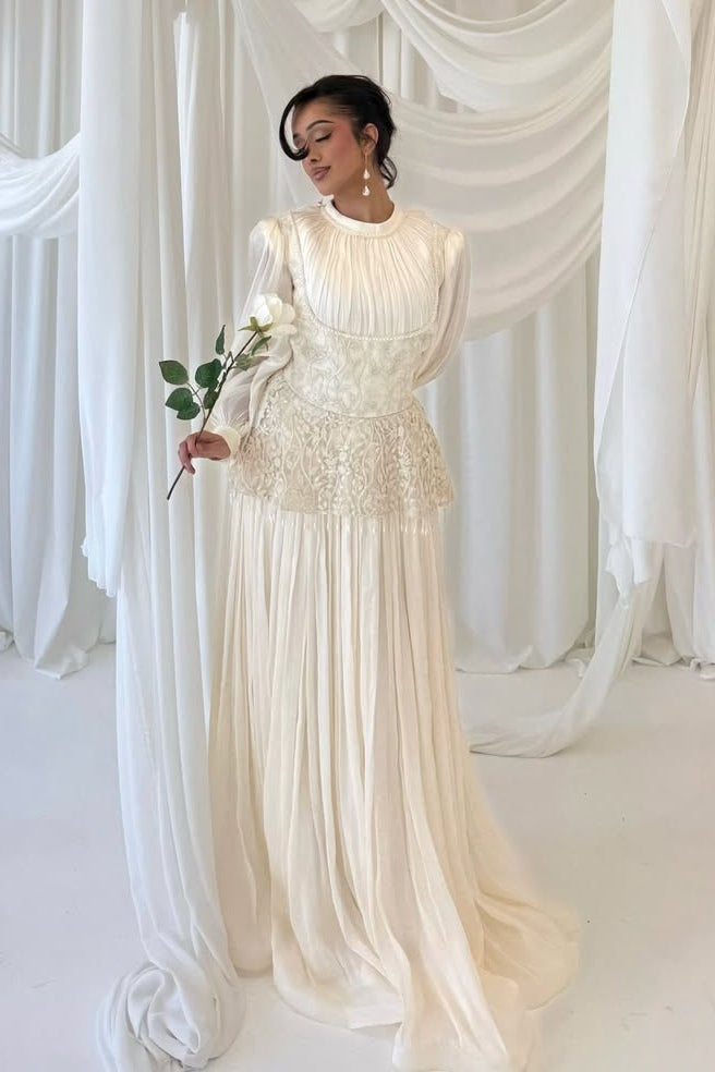 Lace Peplum Pleated Maxi Dress-Apricot