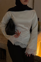 Lace-Trimmed Satin Modest Blouse-White