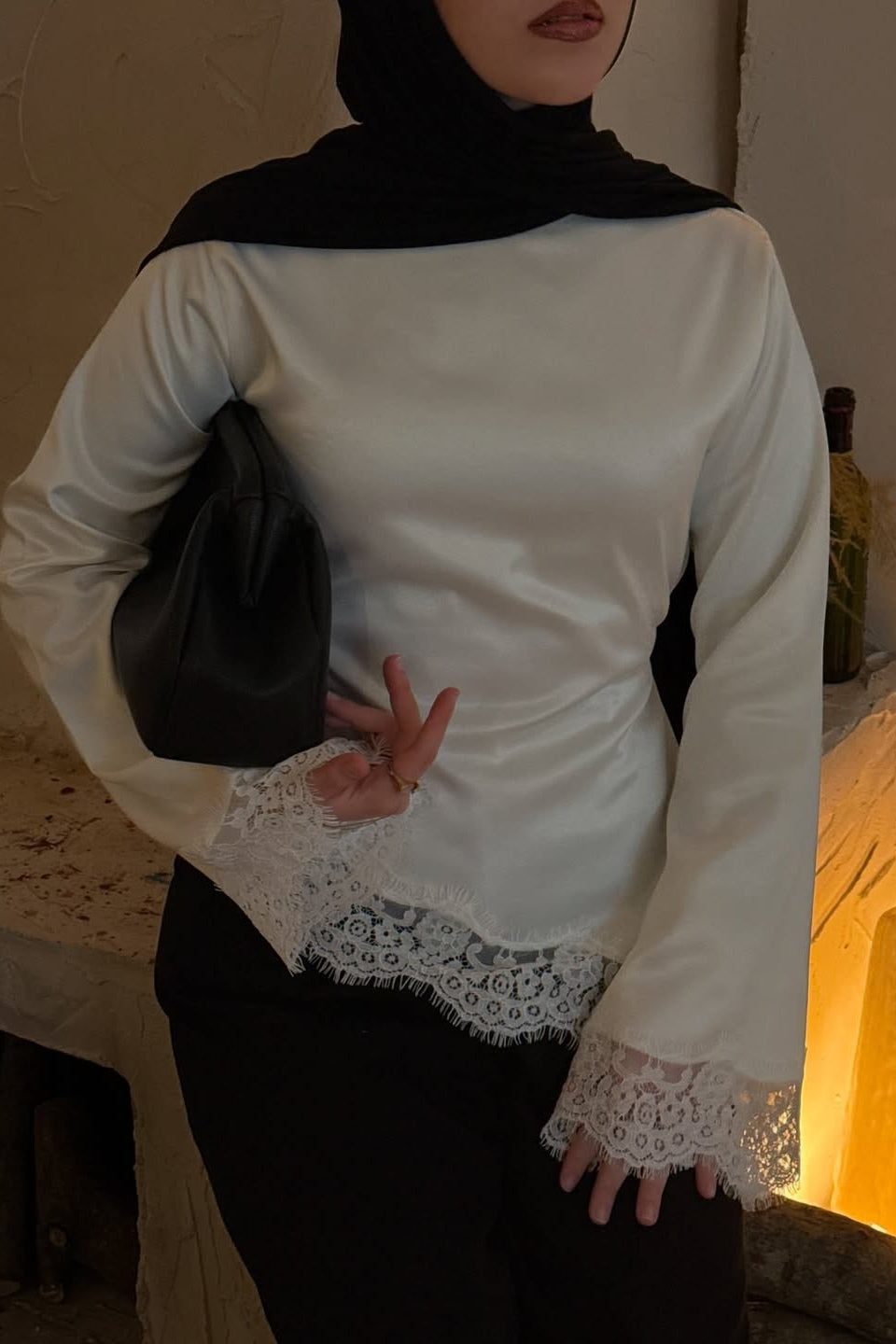 Lace-Trimmed Satin Modest Blouse-White