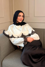 Lace-Trimmed Satin Modest Cape Blouse-White