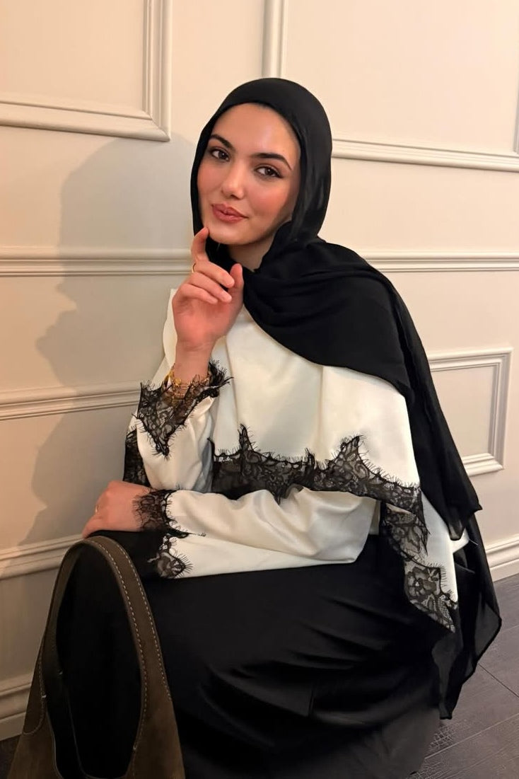 Lace-Trimmed Satin Modest Cape Blouse-White