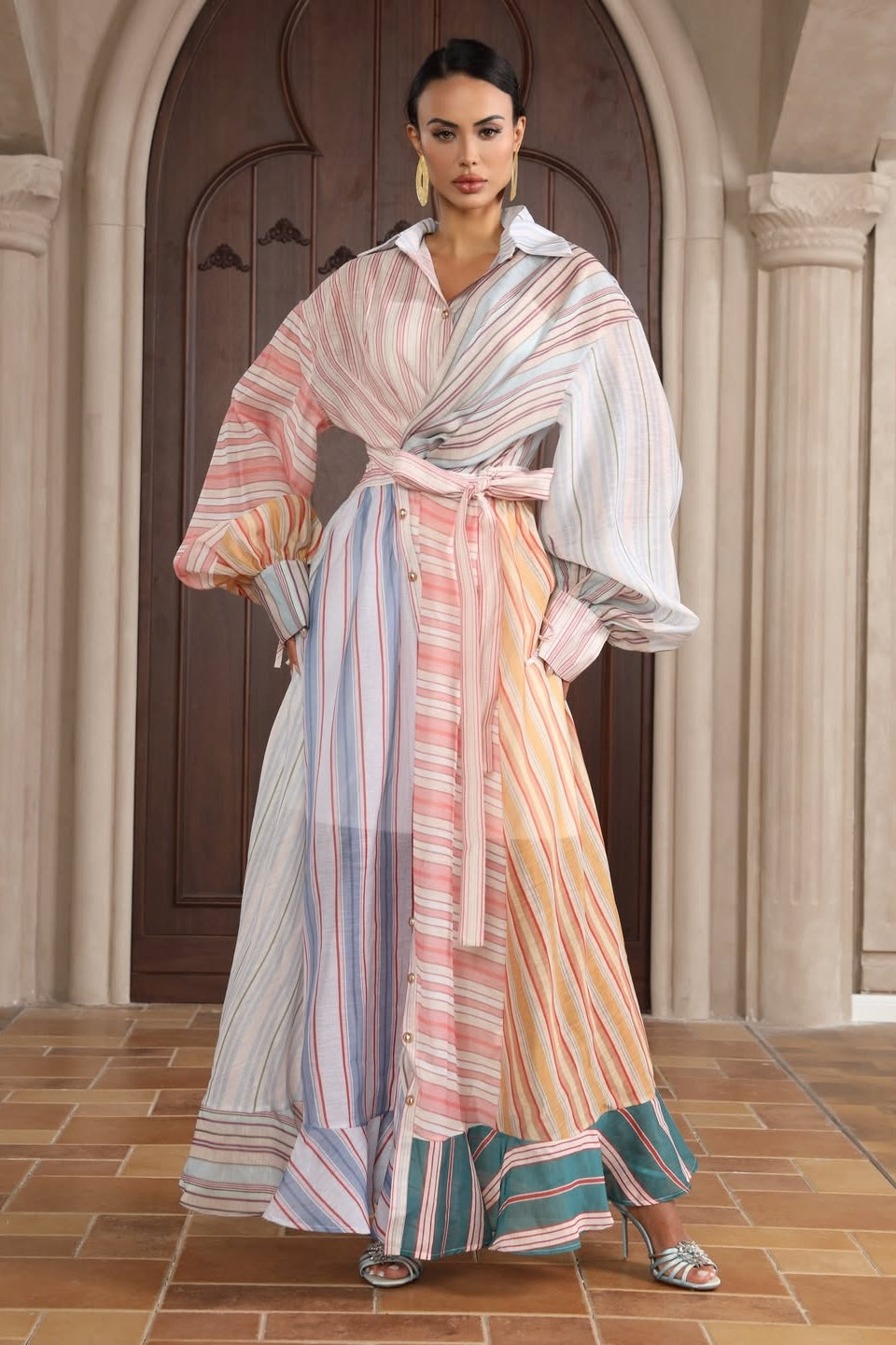 Stripe Button Down Lantern Sleeve Dress