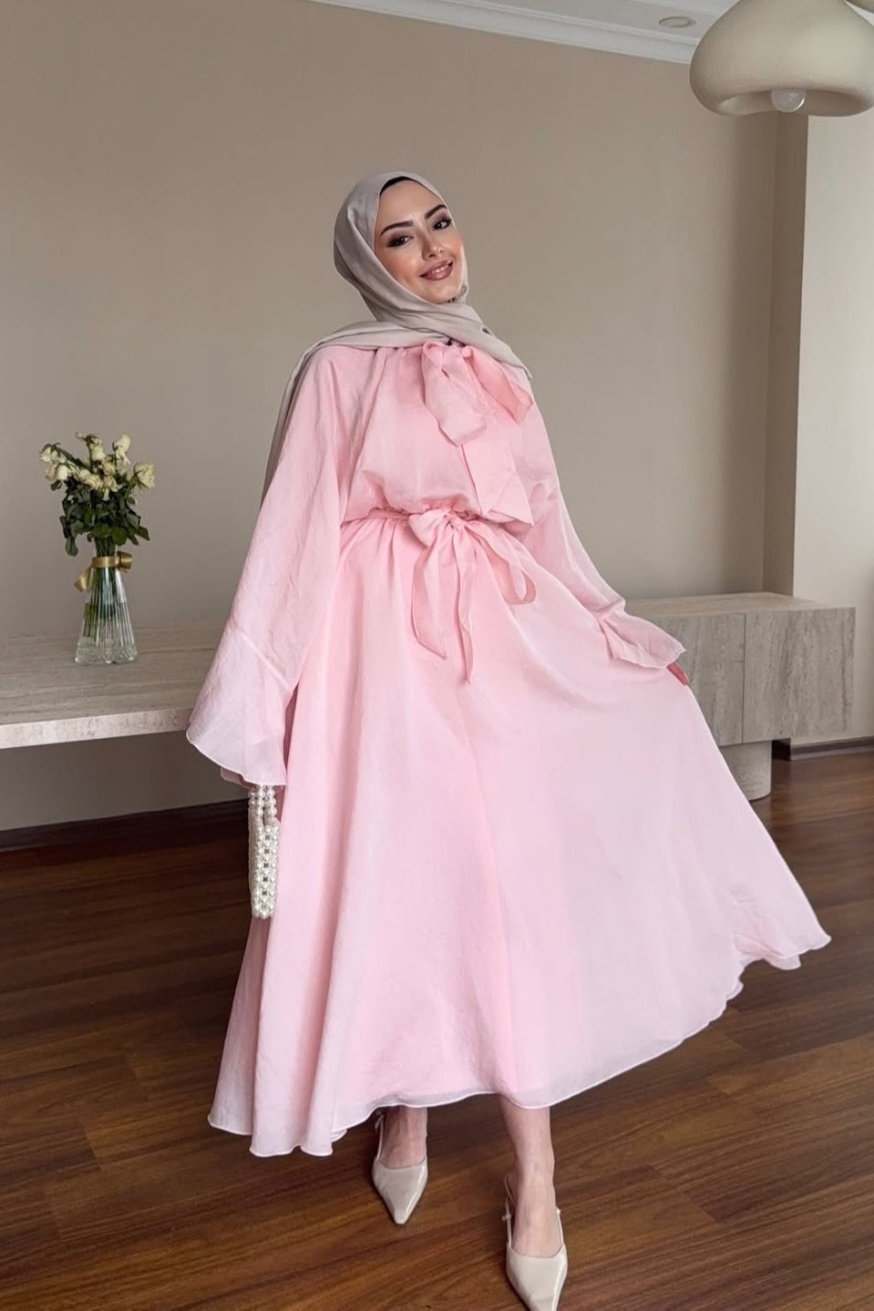 Luminous Organza Dual Tie Bow Flared A Line Maxi Dress