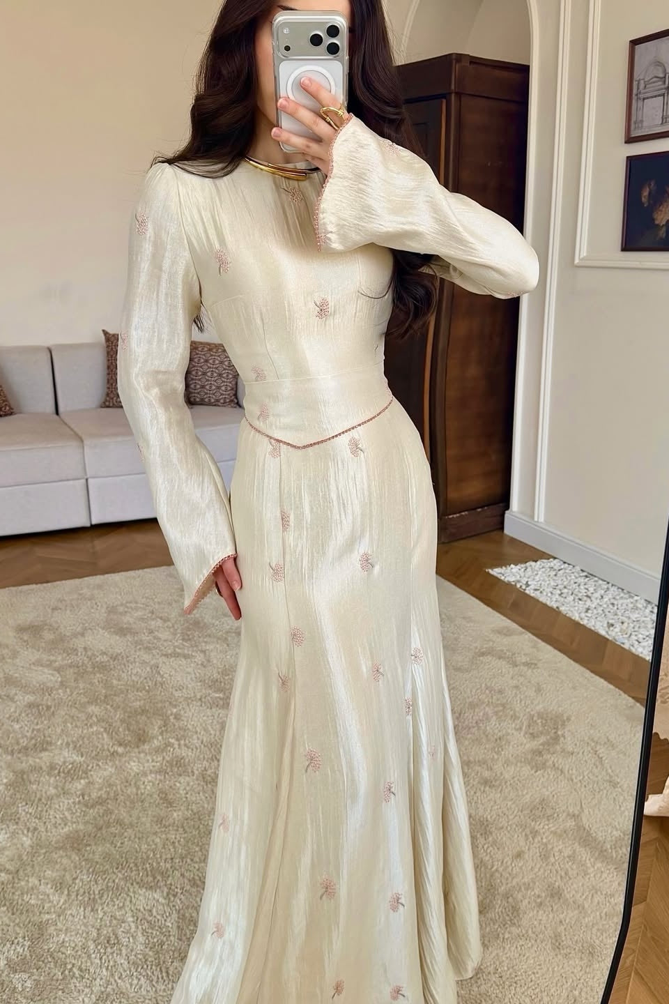 Elena Embroidered Crinkle Flare Sleeve Dress