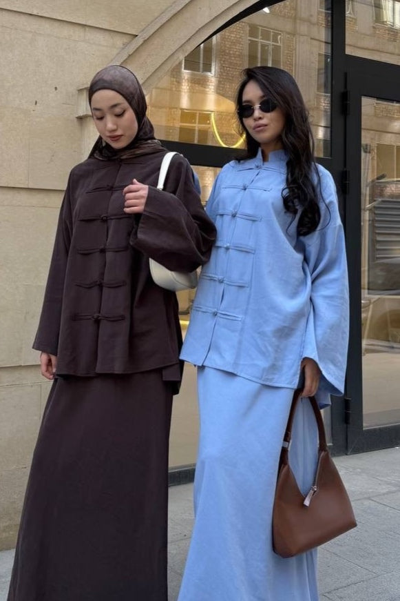 Mandarin Collar Knot-Button Modest Two-Piece Co-Ord Set-Blue