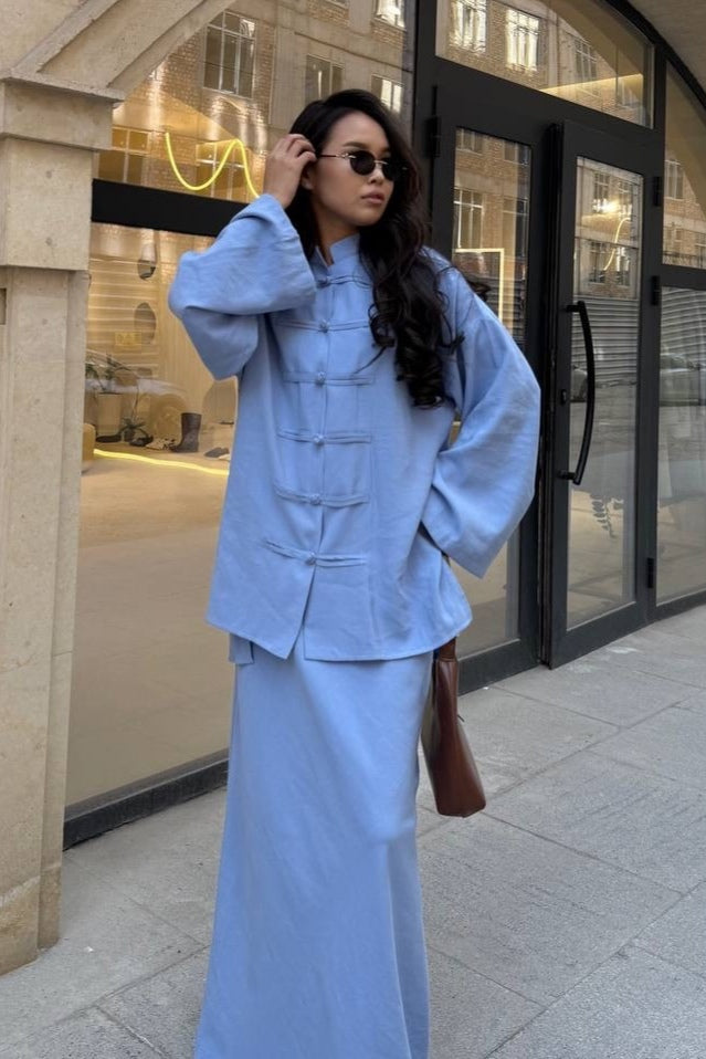 Mandarin Collar Knot-Button Modest Two-Piece Co-Ord Set-Blue