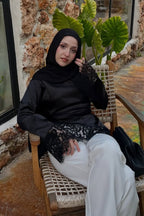Lace-Trimmed Satin Modest Blouse-Black
