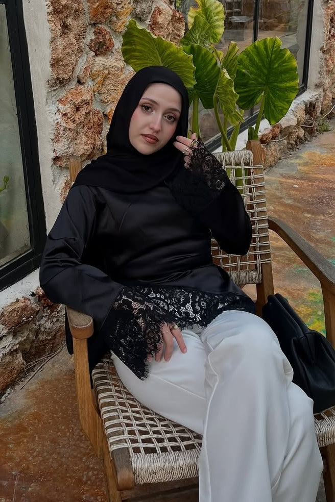 Lace-Trimmed Satin Modest Blouse-Black