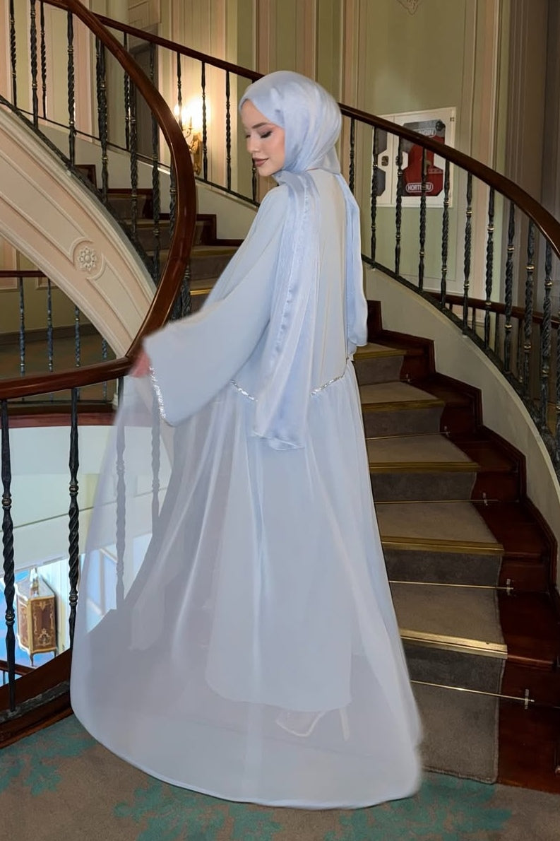 Luminous Textured Shimmer Three Piece Outerwear Set-Blue