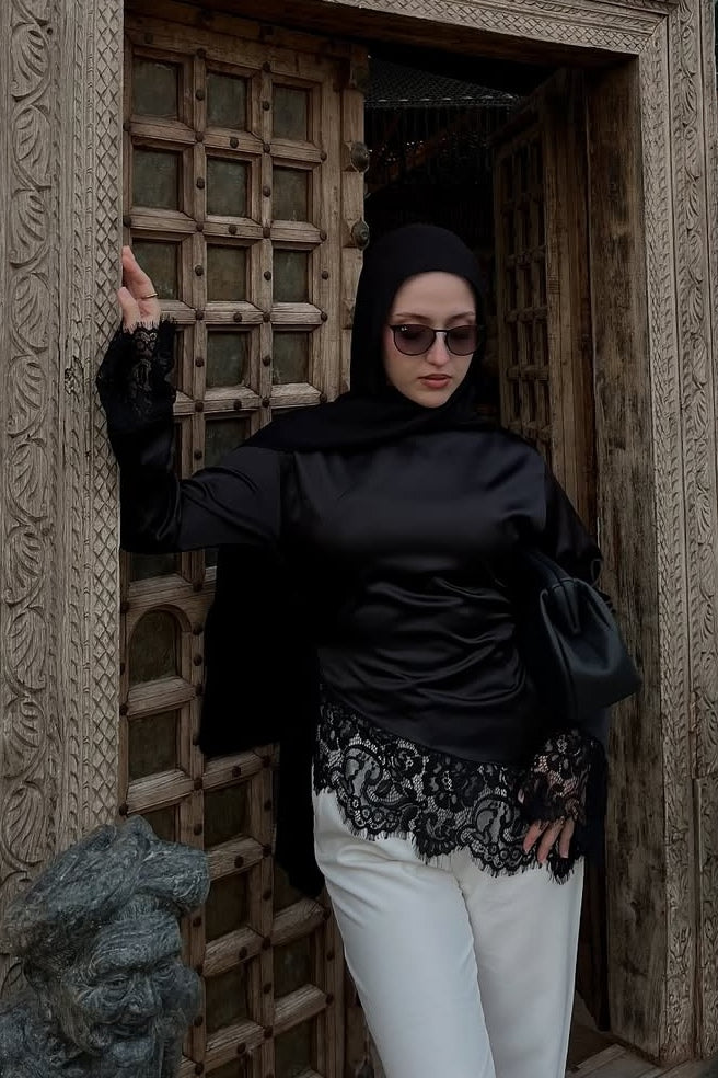 Lace-Trimmed Satin Modest Blouse-Black