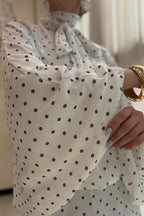 Polka Dot Pussy-Bow Blouse and Maxi Skirt Co-ord Set-White