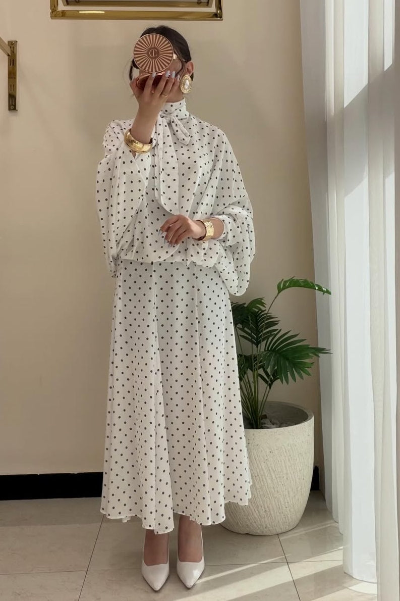 Polka Dot Pussy-Bow Blouse and Maxi Skirt Co-ord Set-White