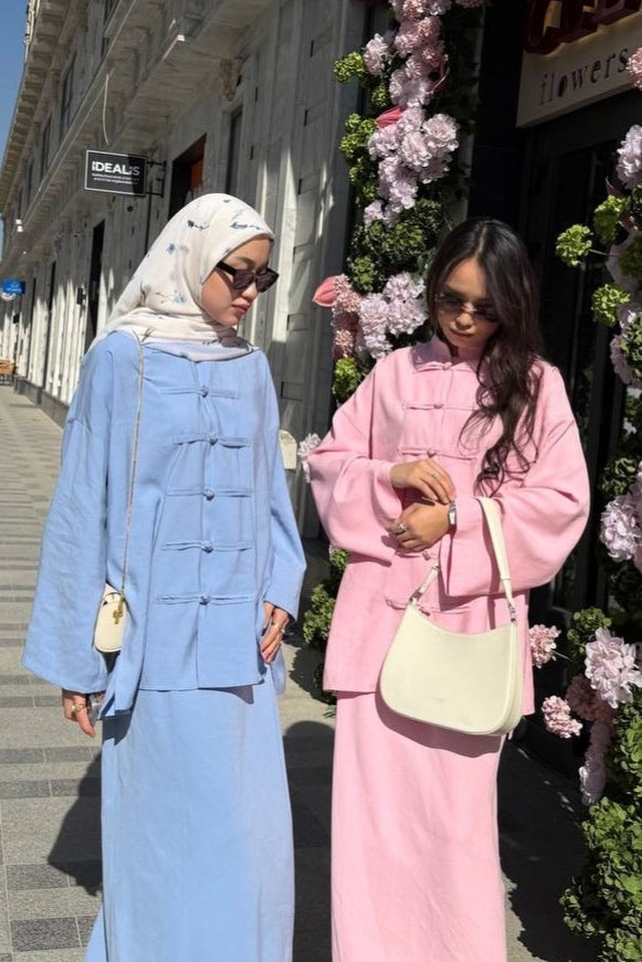 Mandarin Collar Knot-Button Modest Two-Piece Co-Ord Set-Blue