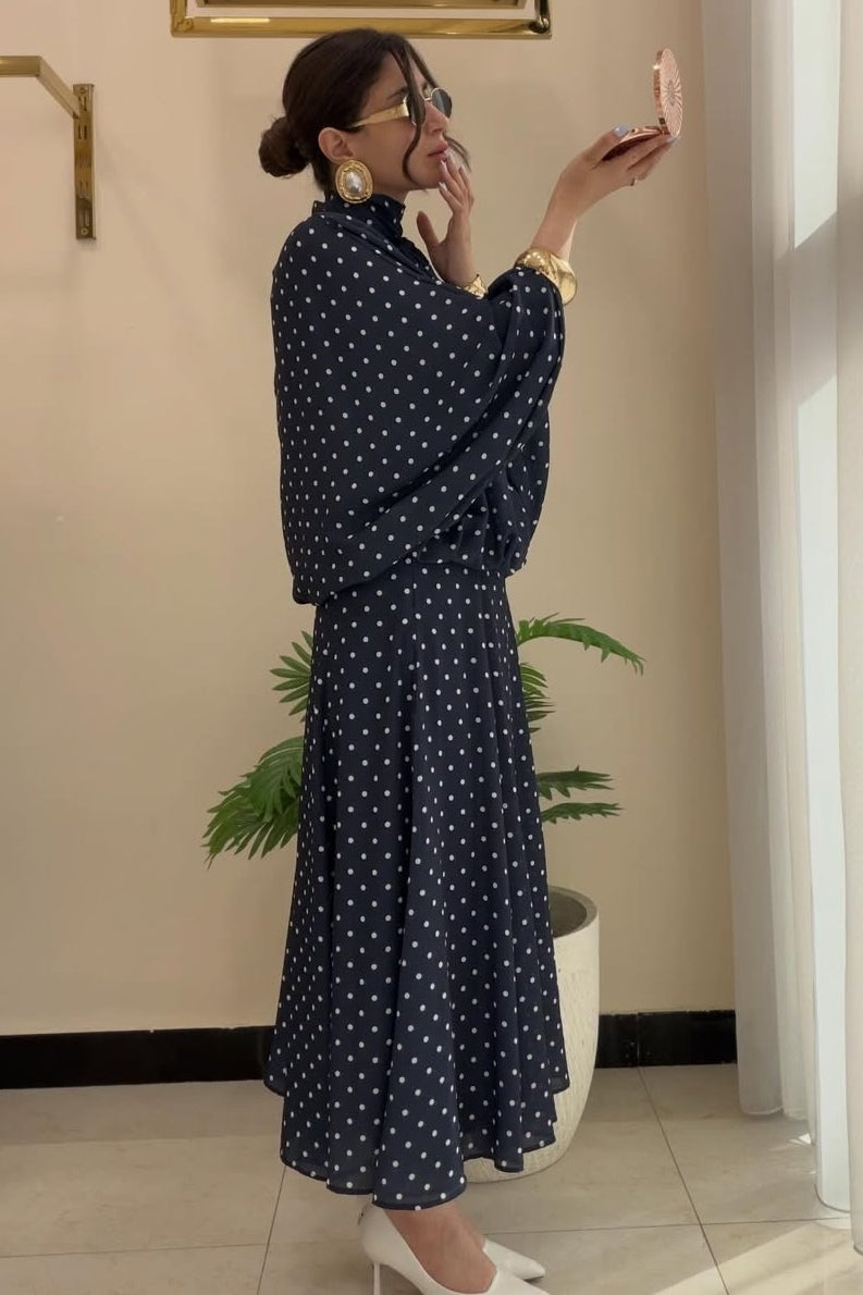 Polka Dot Pussy-Bow Blouse and Maxi Skirt Co-ord Set-Black