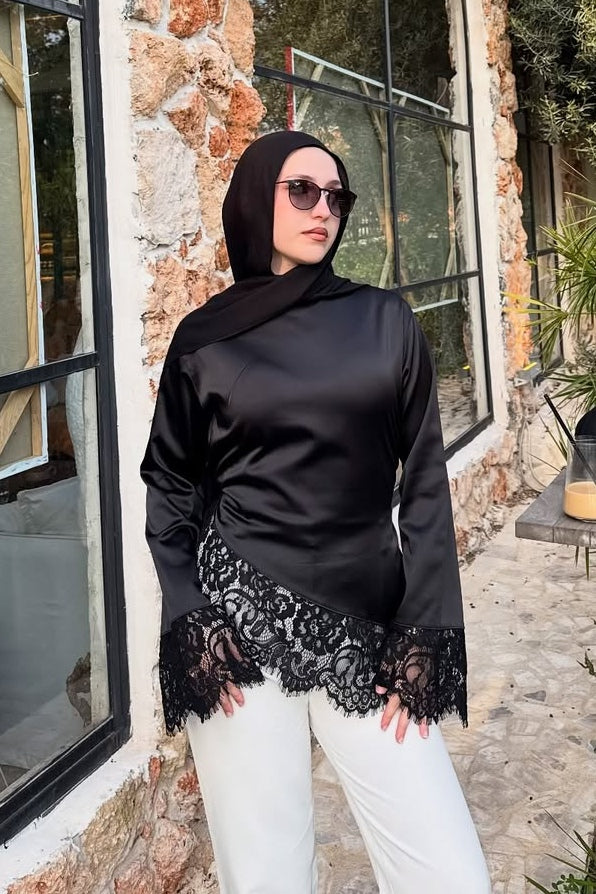 Lace-Trimmed Satin Modest Blouse-Black
