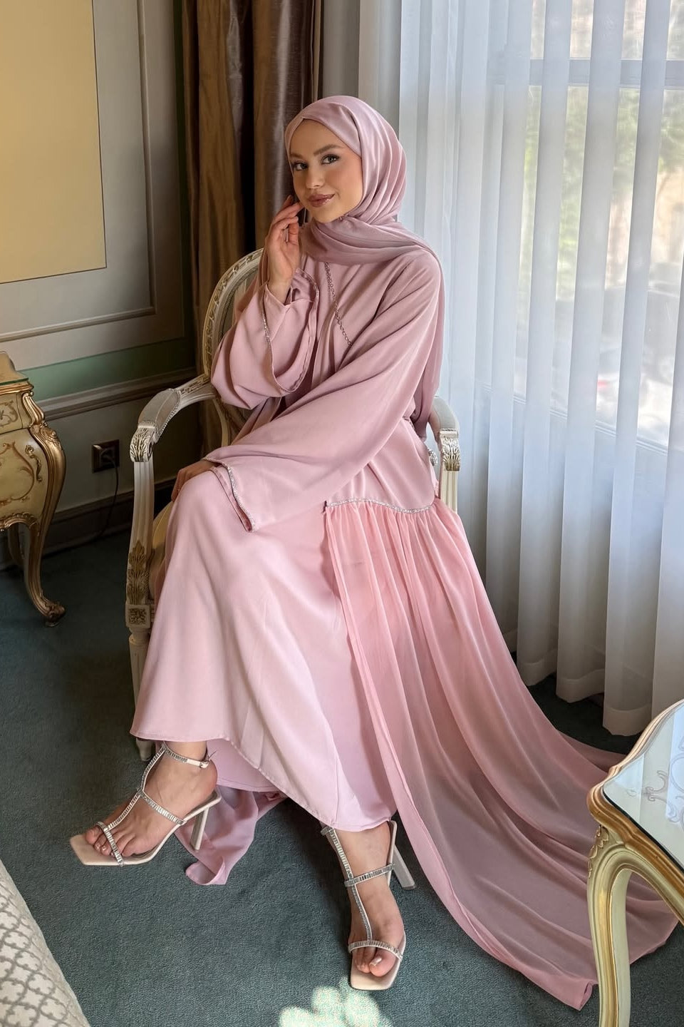 Luminous Textured Shimmer Three Piece Outerwear Set-Pink