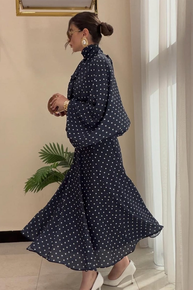 Polka Dot Pussy-Bow Blouse and Maxi Skirt Co-ord Set-Black