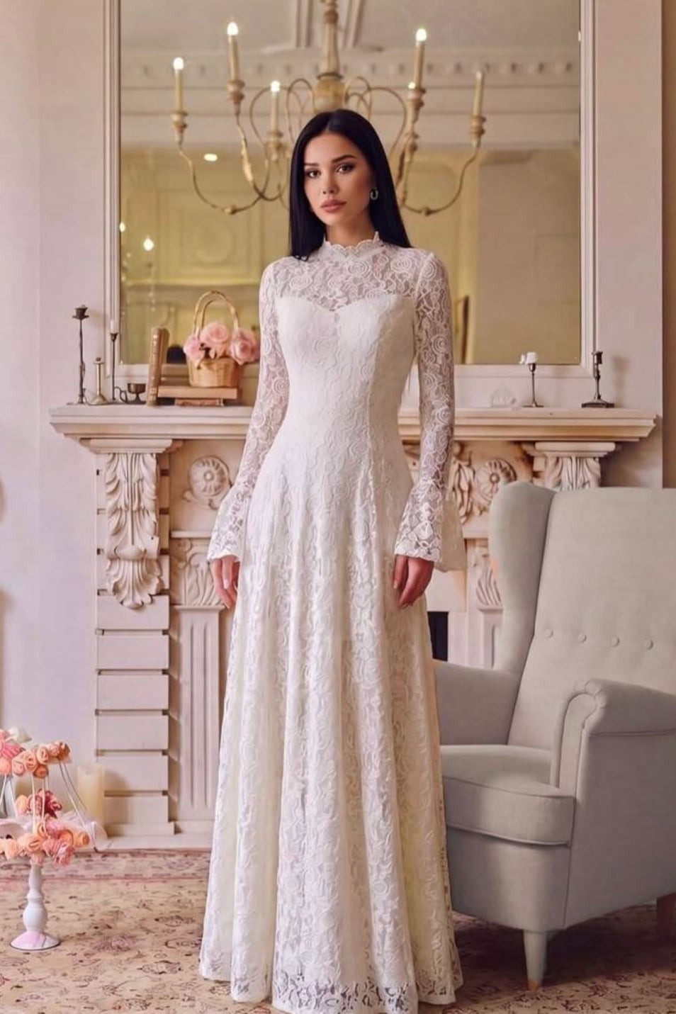 High Neck Lace Overlay Maxi Dress