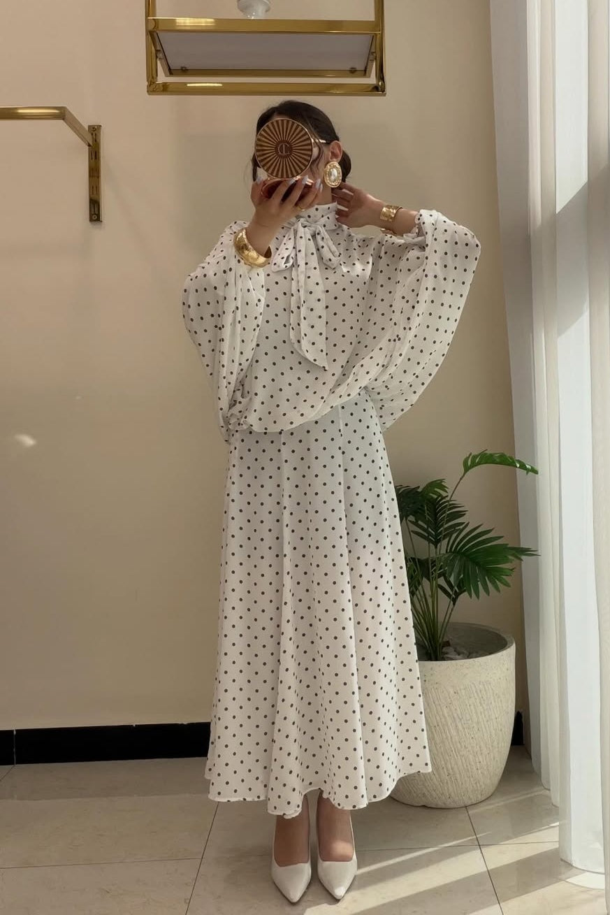 Polka Dot Pussy-Bow Blouse and Maxi Skirt Co-ord Set-White