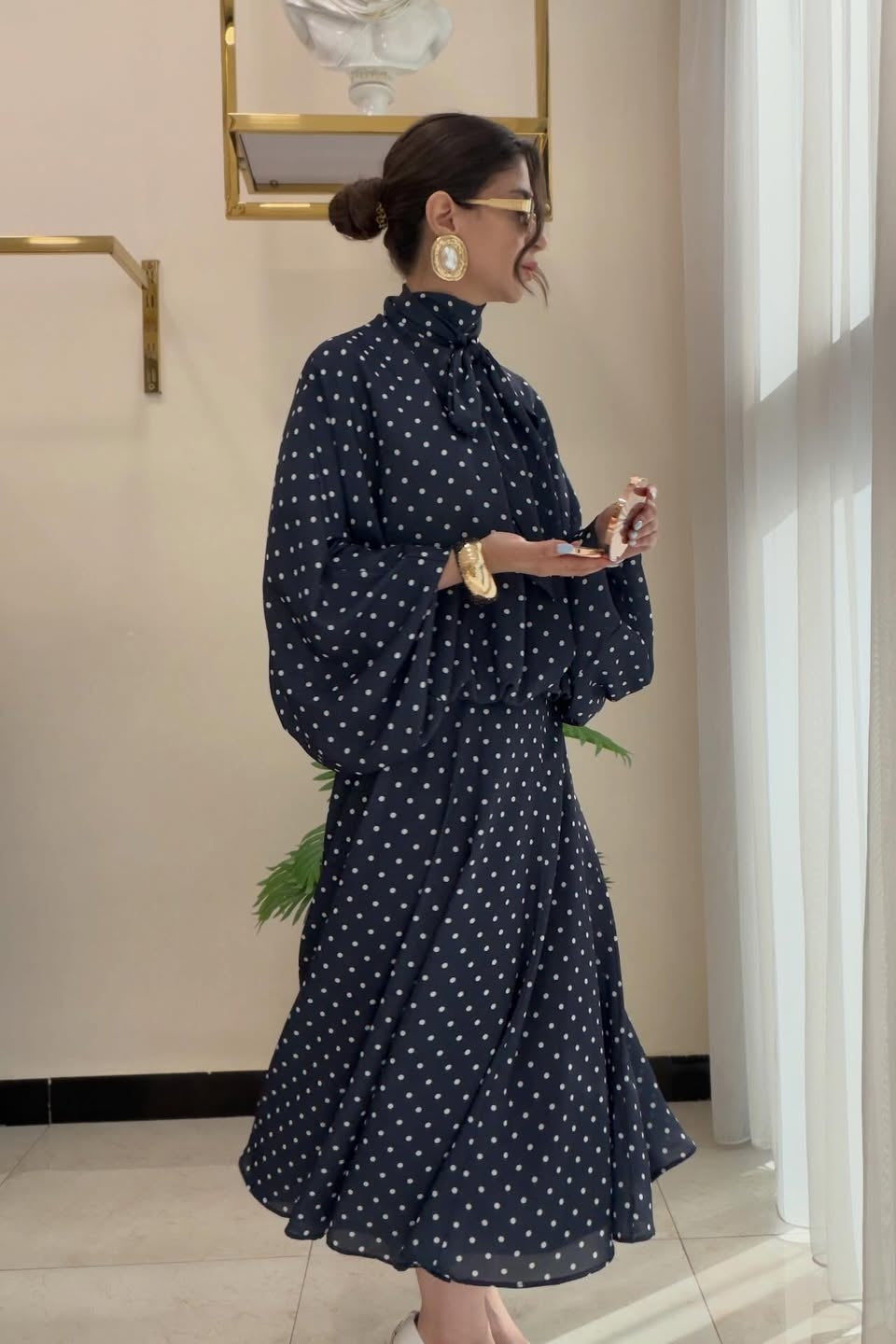 Polka Dot Pussy-Bow Blouse and Maxi Skirt Co-ord Set-Black