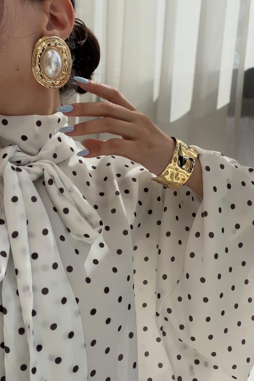 Polka Dot Pussy-Bow Blouse and Maxi Skirt Co-ord Set-White