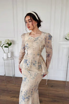 Floral Texture Peplum Pearl Button Dress