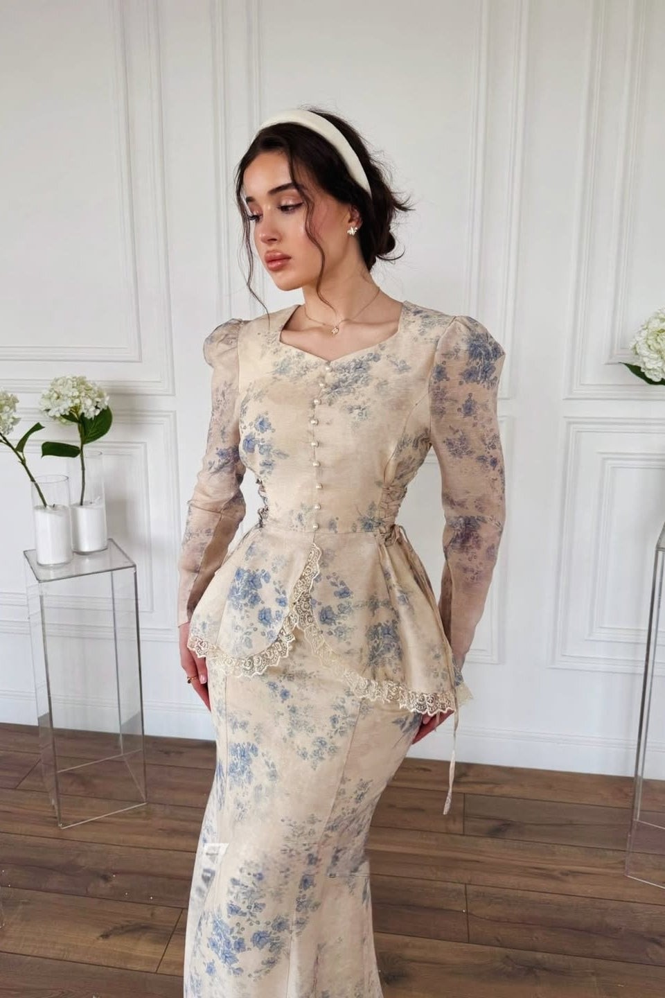 Floral Texture Peplum Pearl Button Dress