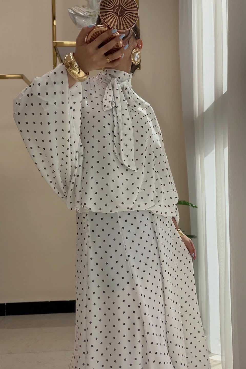 Polka Dot Pussy-Bow Blouse and Maxi Skirt Co-ord Set-White