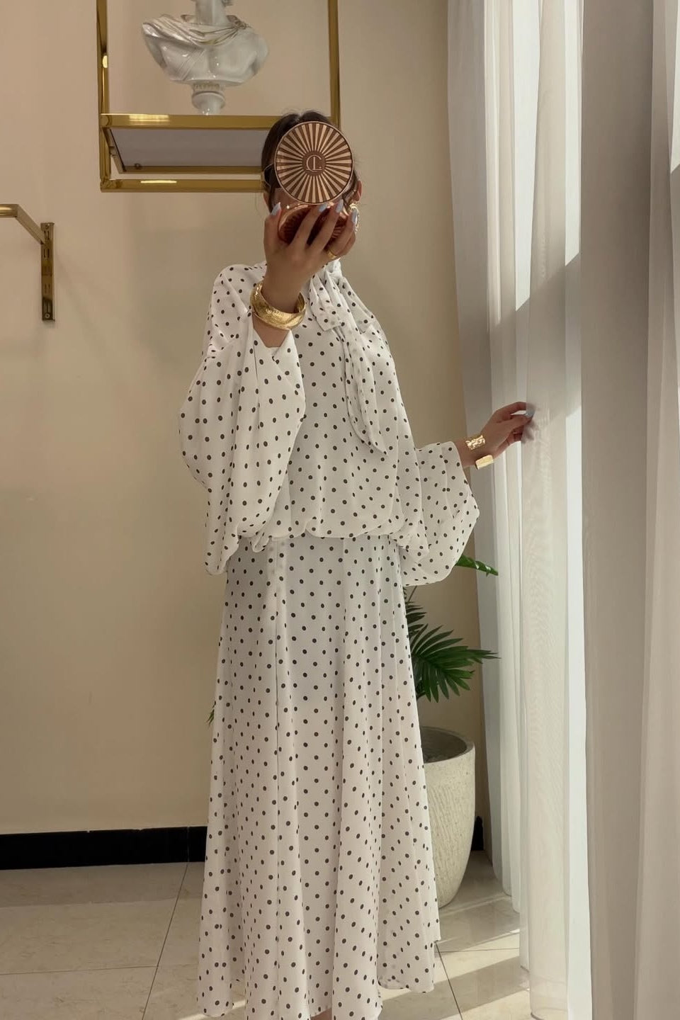 Polka Dot Pussy-Bow Blouse and Maxi Skirt Co-ord Set-White