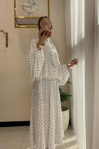 Polka Dot Pussy-Bow Blouse and Maxi Skirt Co-ord Set-White