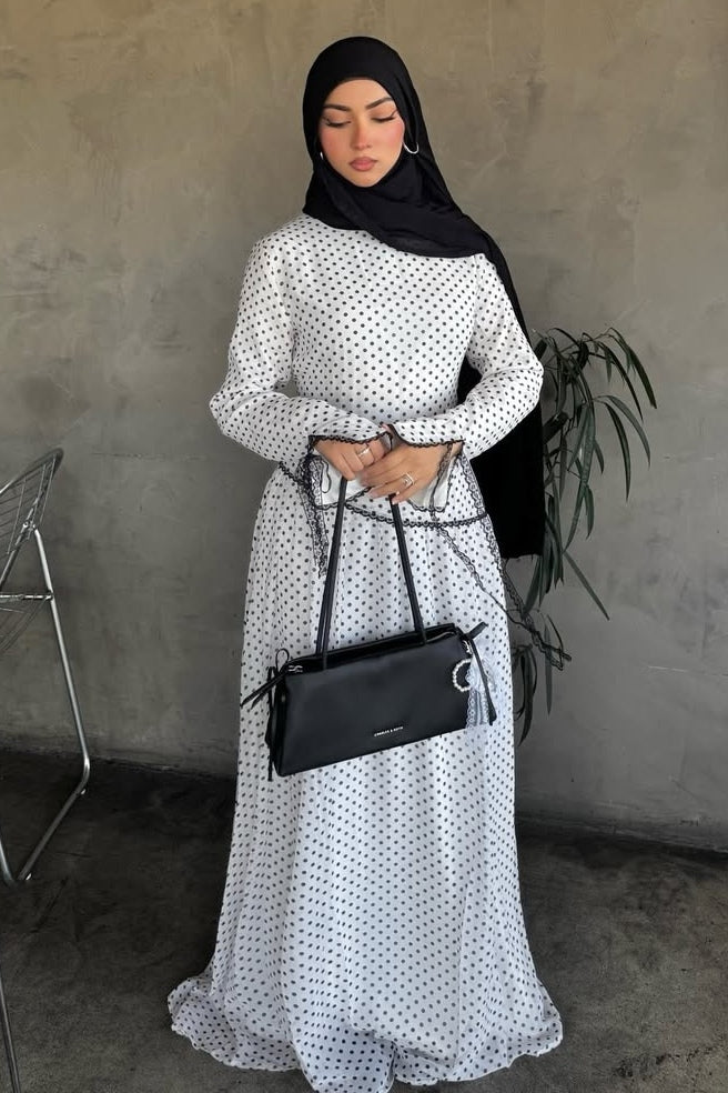 Zoya Asymmetric Lace-Trim Polka-Dot Maxi-White