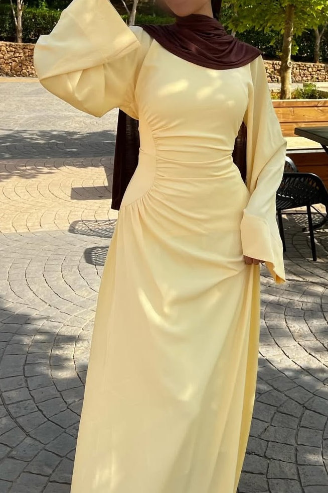 Side Ruched Flared Cuff Maxi Dress