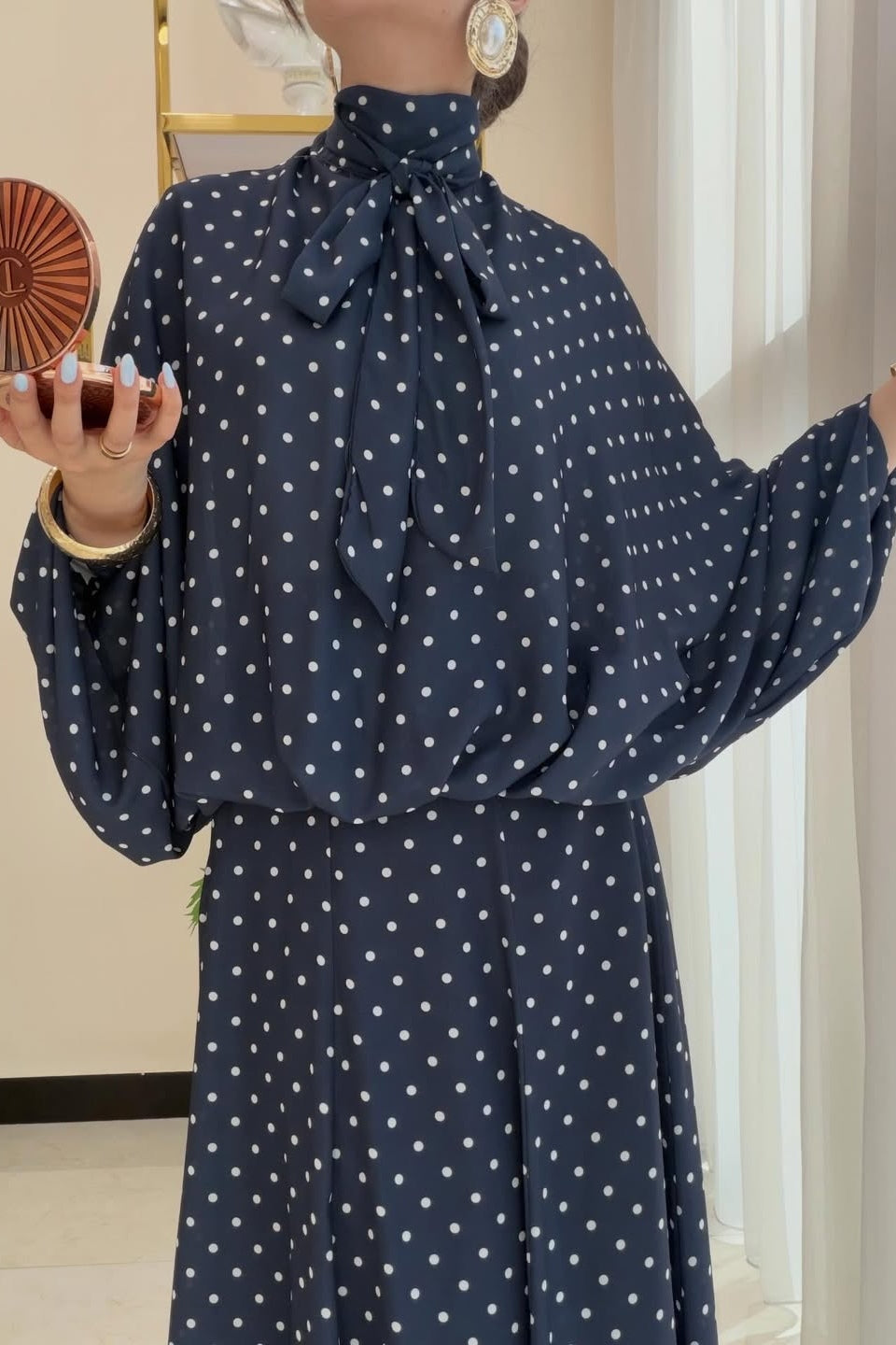 Polka Dot Pussy-Bow Blouse and Maxi Skirt Co-ord Set-Black
