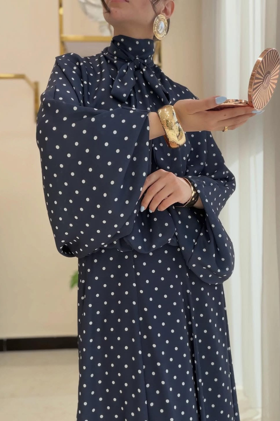 Polka Dot Pussy-Bow Blouse and Maxi Skirt Co-ord Set-Black