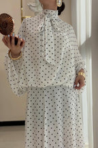 Polka Dot Pussy-Bow Blouse and Maxi Skirt Co-ord Set-White