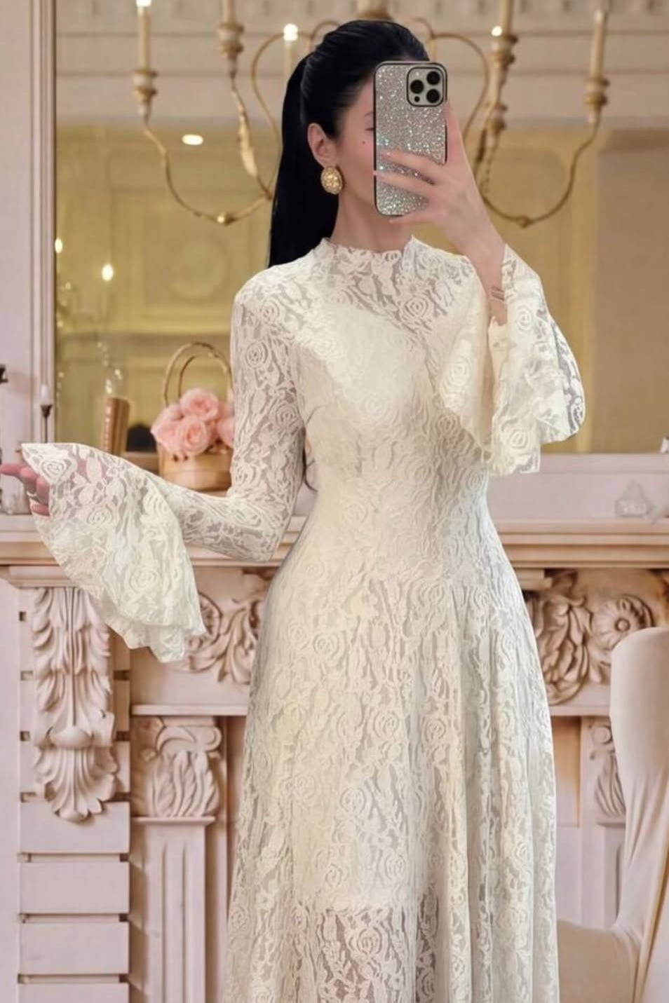 High Neck Lace Overlay Maxi Dress