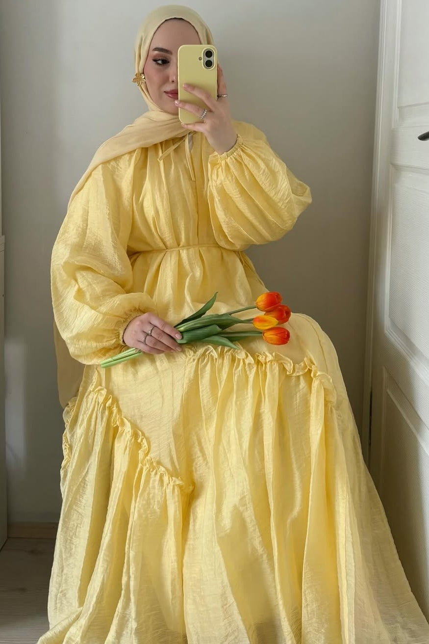 Amara Tie Neck Ruffled Maxi Dress-Yellow