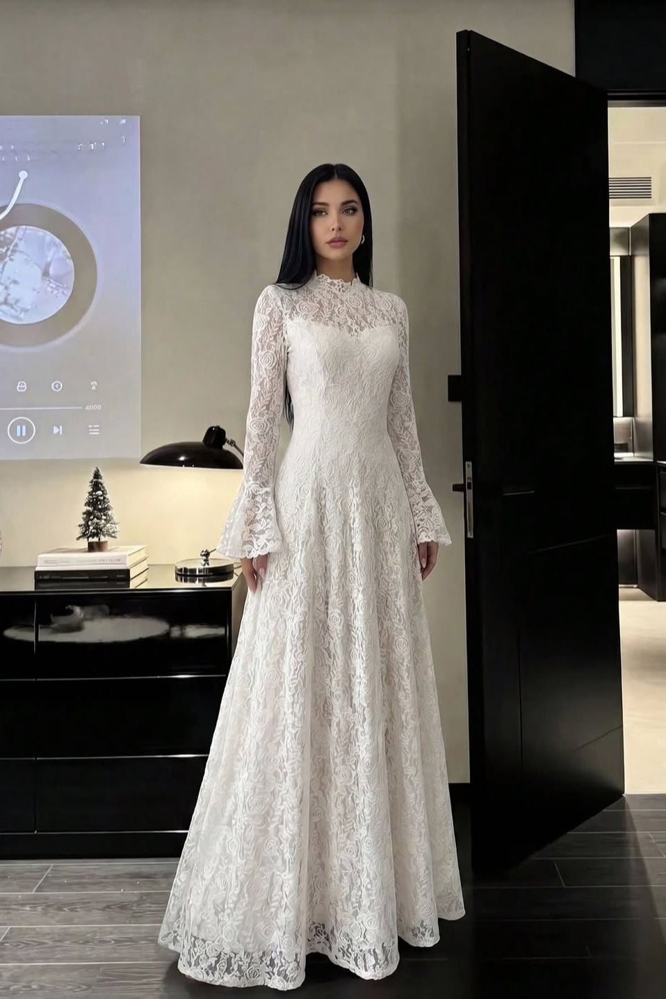 High Neck Lace Overlay Maxi Dress